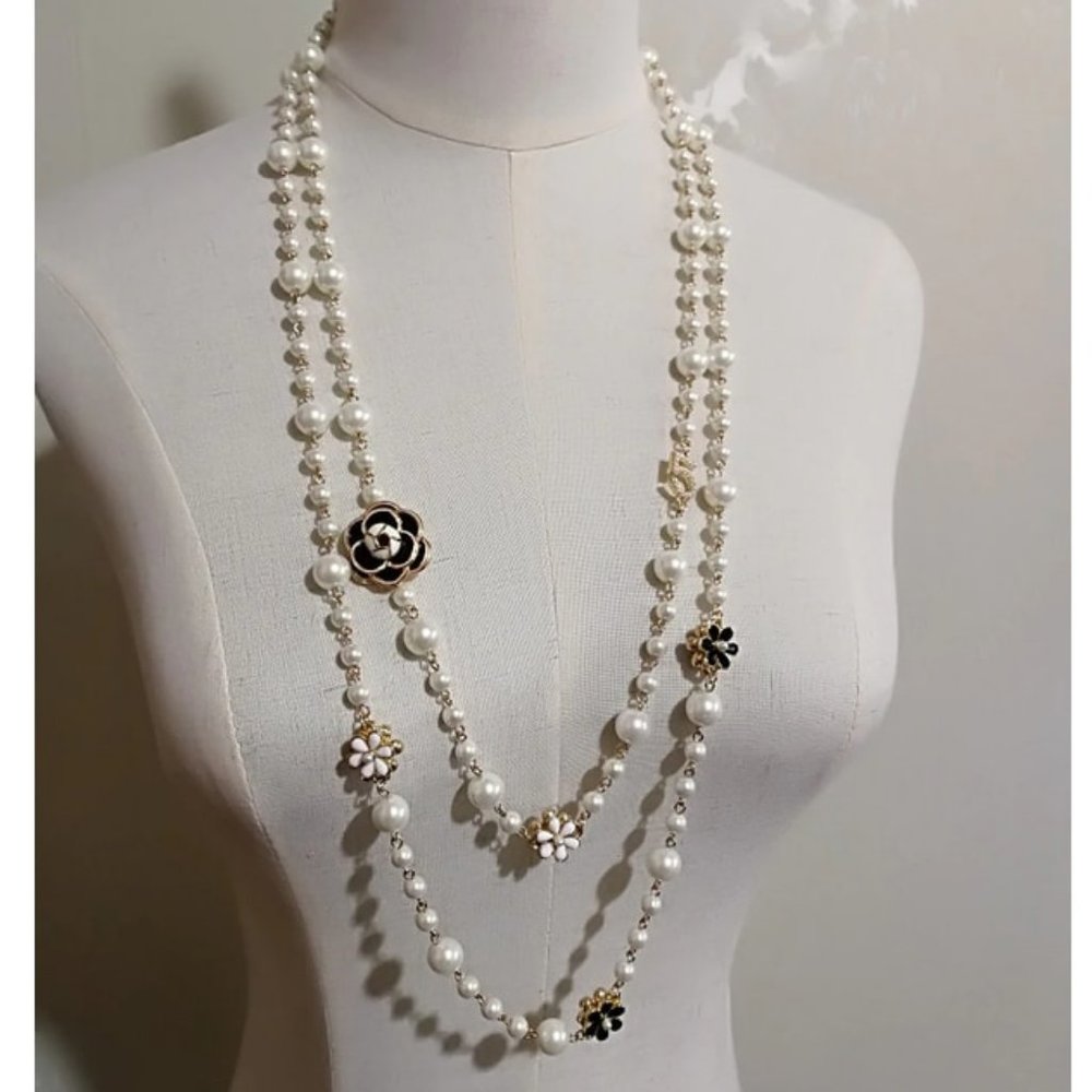 Chanel Style No 5 Camellia Long Two Layer Pearl Necklace NWT
